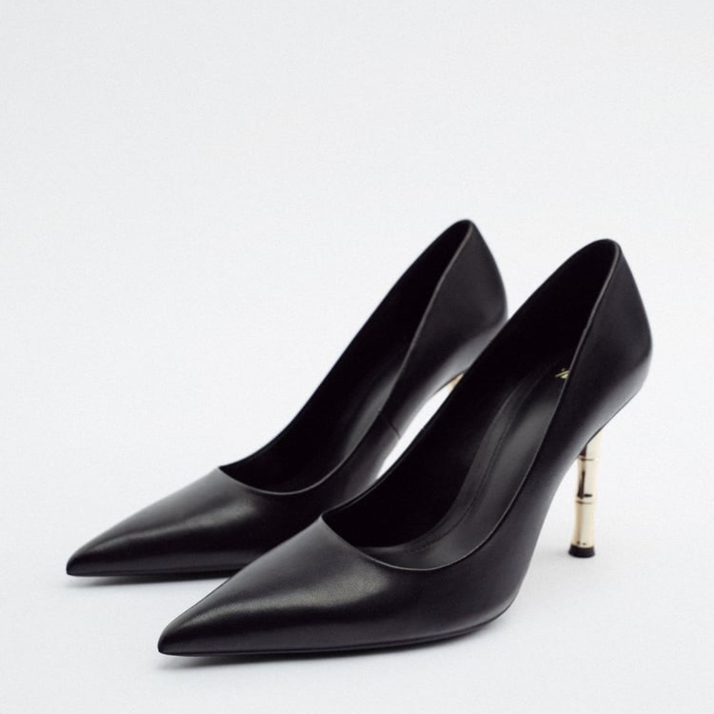 ZARA STYLISH BLACK LEATHER GOLD HEELS BRAND NEW WITH TAGS US 7.5 EUR 38